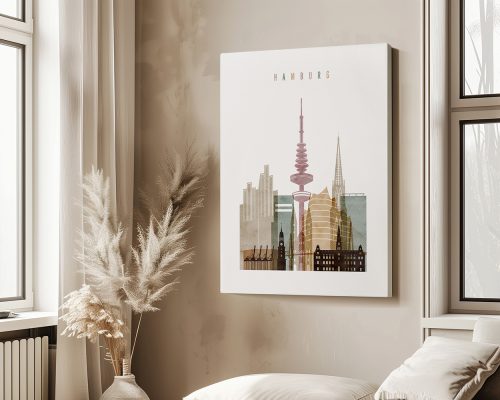 Artistic representation of Hamburg's skyline featuring notable buildings and structures.