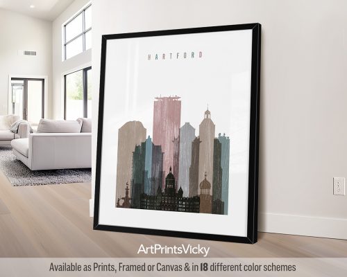 Hartford skyline poster with a subtle distressed texture, featuring iconic landmarks by ArtPrintsVicky.
