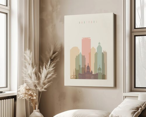 Artistic representation of Hartford's skyline with various building shapes and colors on a canvas.