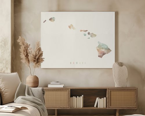 Artistic representation of the Hawaiian Islands with watercolor effects in soft colors.