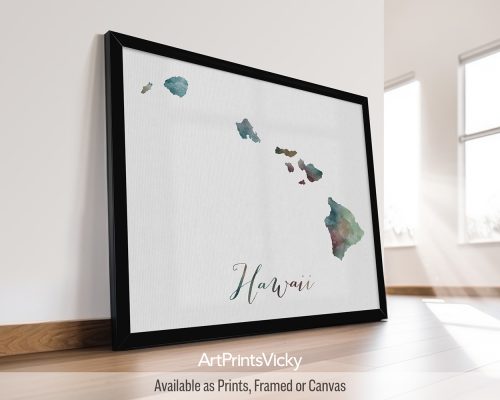 Earthy watercolor poster of the Hawaii state map, with "Hawaii" written below in handwritten script, on a textured background. Perfect for lovers of tropical landscapes, beaches, and the Aloha spirit by ArtPrintsVicky.