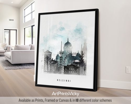 Helsinki city skyline poster featuring the Helsinki Cathedral, iconic landmarks, and vibrant cityscape in a bold Urban 1 style with strong lines, by ArtPrintsVicky.