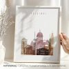 Art print featuring a stylized cityscape of Helsinki with notable buildings and landmarks.