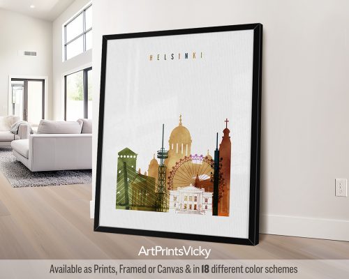 Helsinki city skyline print featuring Helsinki Cathedral, iconic landmarks, and vibrant cityscape in a rich and colorful Watercolor 3 style, by ArtPrintsVicky.