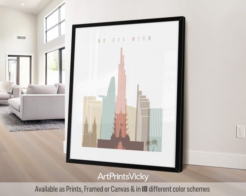 Minimalist Ho Chi Minh City skyline featuring Notre Dame Cathedral, Central Post Office, and other landmarks in a soft Pastel White palette, by ArtPrintsVicky.