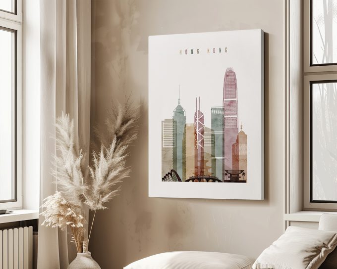Artistic representation of Hong Kong's skyline with various skyscrapers and buildings in muted colors.