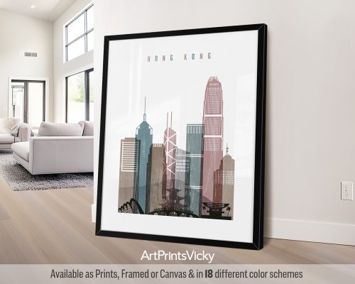 Hong Kong city skyline print featuring iconic skyscrapers, Victoria Harbour, and vibrant cityscape in a textured and modern Distressed 1 style, by ArtPrintsVicky.