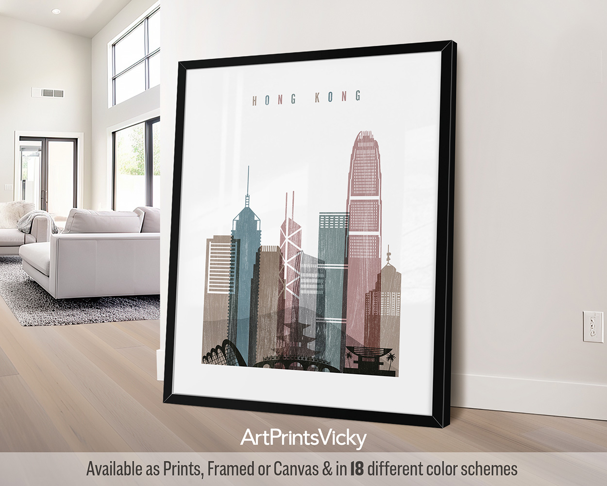 Hong Kong city skyline print featuring iconic skyscrapers, Victoria Harbour, and vibrant cityscape in a textured and modern Distressed 1 style, by ArtPrintsVicky.