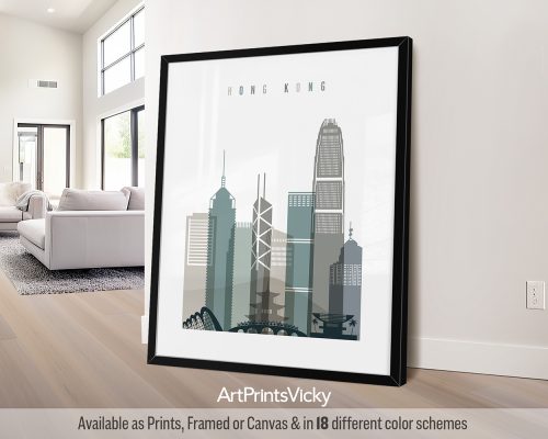 Hong Kong minimalist city print in cool Earth Tones 4 style. Geometric shapes depict skyscrapers and mountains by ArtPrintsVicky