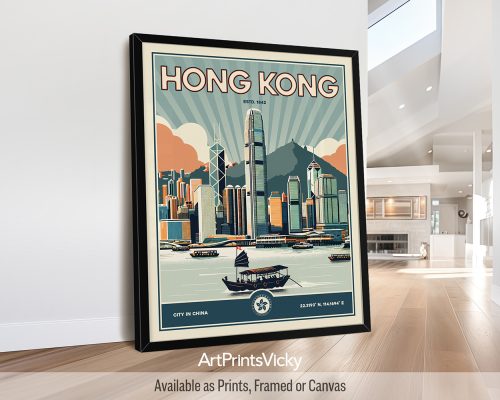 Hong Kong Poster Inspired by Retro Travel Art
