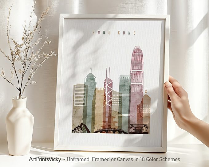 Art print of a stylized cityscape featuring Hong Kong's skyline in muted colors.
