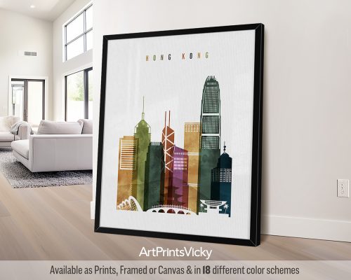 Hong Kong city print featuring iconic skyscrapers, Victoria Harbour, and vibrant cityscape in a rich and textured, bold Watercolor 3 style. by ArtPrintsVicky.
