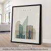 Art print featuring a stylized cityscape of Honolulu with various building shapes and colors.