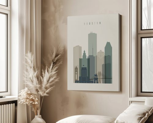 Stylized cityscape artwork of Houston with buildings and skyline in muted colors.