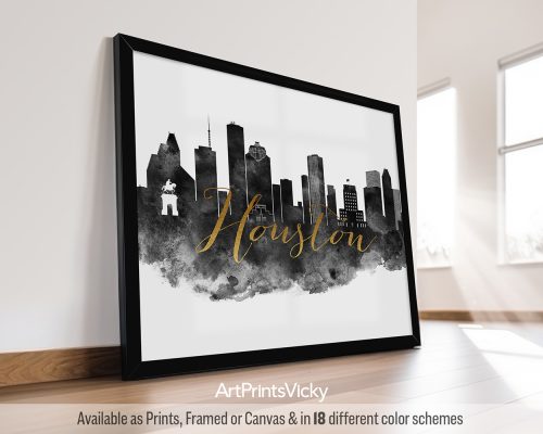 Black and white poster of the Houston skyline featuring iconic landmarks in contrasting tones, with a decorative faux gold title "HOUSTON" by ArtPrintsVicky.