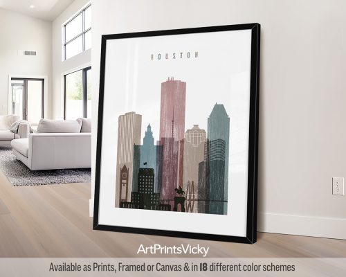 Houston city skyline print featuring iconic skyscrapers and vibrant cityscape in a textured and vintage Distressed 1 style, by ArtPrintsVicky.