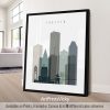 Framed cityscape print of Houston featuring iconic buildings and skyline in muted colors.