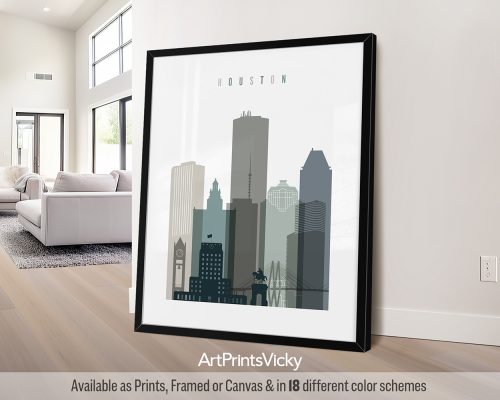 Houston minimalist city print in cool Earth Tones 4 style. Features the downtown skyline, and Texan flair by ArtPrintsVicky