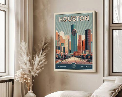 Retro-style print of Houston featuring skyscrapers and a city skyline with a sunburst design.