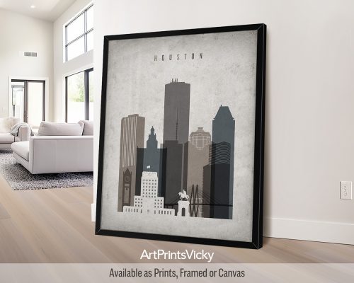 Vintage-style Houston skyline print featuring iconic landmarks on a textured, aged background by ArtPrintsVicky.