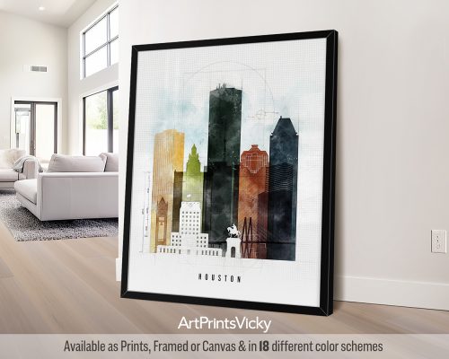 Houston skyline featuring iconic landmarks in a bold, geometric Urban 2 style with vibrant colors, by ArtPrintsVicky.
