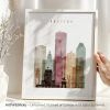 Art print featuring a stylized representation of the Houston skyline with various buildings.