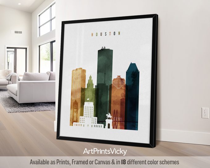 Art print featuring a stylized cityscape of Houston with various buildings in different colors.