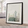 Art print featuring a stylized illustration of Huelva's architectural landmarks in muted colors.