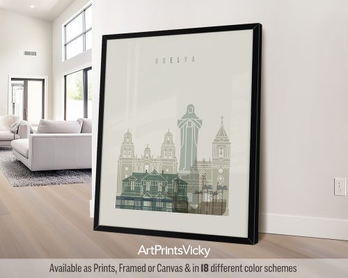 Huelva, Spain skyline print featuring the Muelle del Tinto, and other iconic landmarks in a warm and earthy Earth Tones 1 palette, by ArtPrintsVicky.