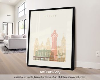 Art print featuring a stylized illustration of Huelva with notable buildings and a statue.