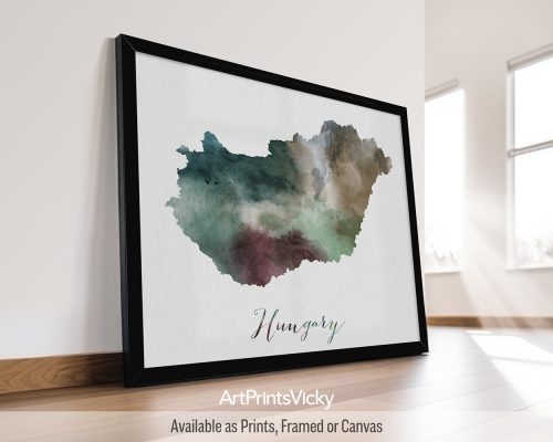 Earthy watercolor print of the Hungary map, with "Hungary" written below in handwritten script, on a textured background. Perfect for lovers of Central Europe, Budapest, and the Danube River by ArtPrintsVicky.