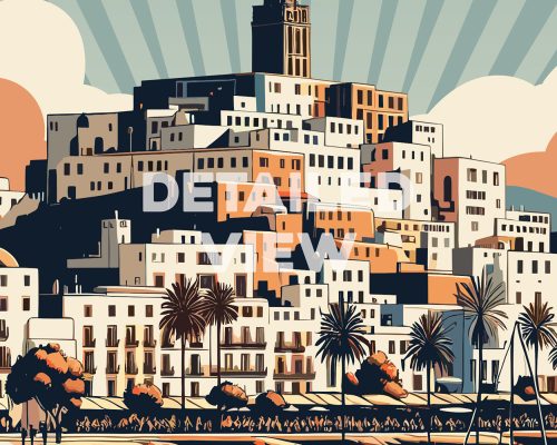 Illustration of a retro cityscape featuring buildings and palm trees in Ibiza.