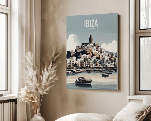 Art print featuring a stylized illustration of Ibiza, Spain with buildings and boats.