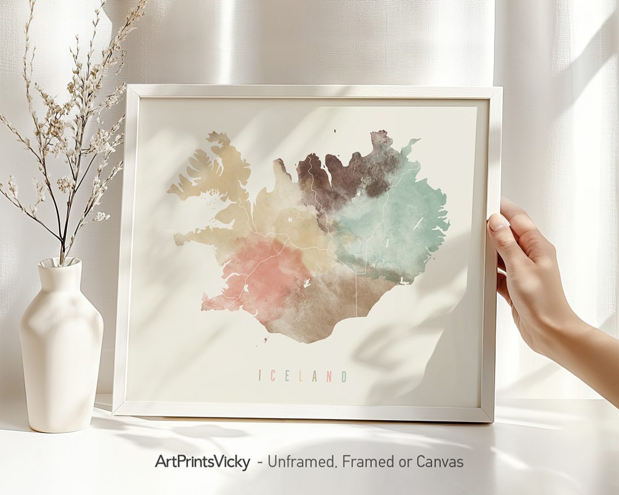 Artistic map of Iceland with soft pastel colors displayed in a white frame.