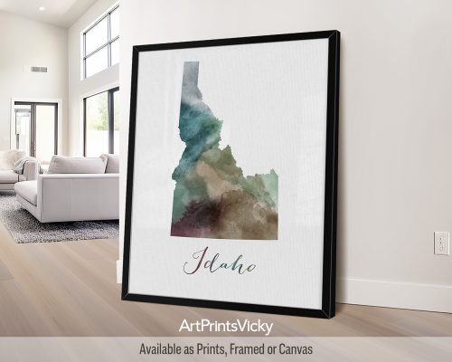 Idaho watercolor map poster with handwritten title by ArtPrintsVicky