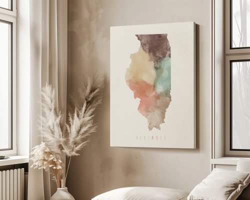 Artistic representation of the state of Illinois with watercolor effects in various colors.