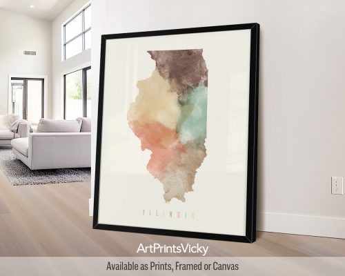 Illinois map poster in a warm Pastel Cream watercolor style, by ArtPrintsVicky.