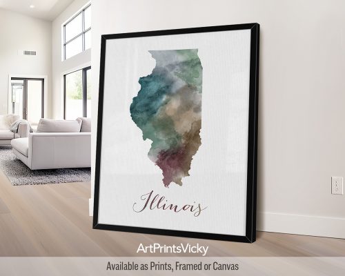 Illinois watercolor map poster with handwritten title by ArtPrintsVicky