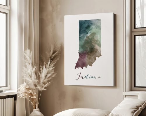 Artistic representation of the state of Indiana with watercolor effects and the name 'Indiana' at the bottom.