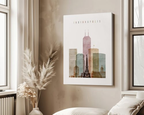 Artistic representation of Indianapolis skyline featuring various buildings and monuments.
