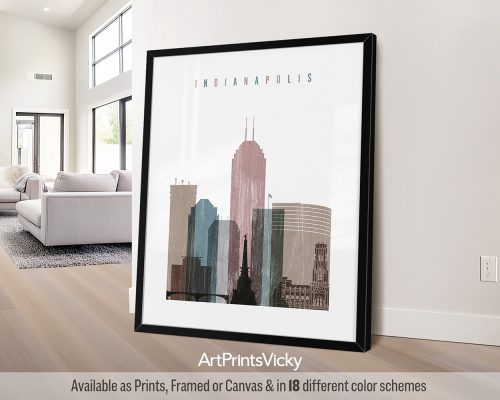 Distressed Indianapolis skyline poster with a subtle vintage texture, featuring iconic landmarks by ArtPrintsVicky.