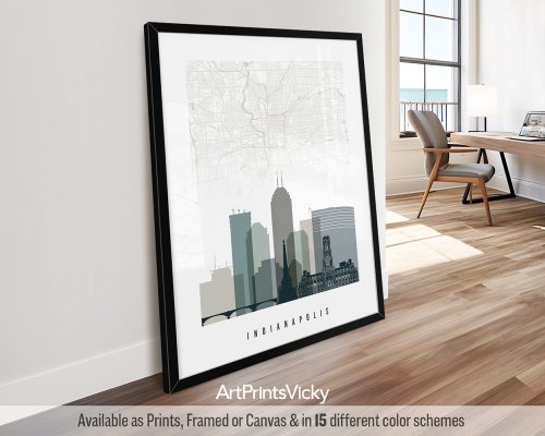 Indianapolis Map and Skyline Print in Cool Earth Tones
