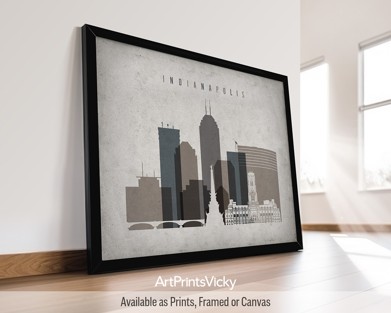 ndianapolis landscape city print featuring the Soldiers' and Sailors' Monument, the city skyline, all rendered in a rich and textured earthy vintage style, by ArtPrintsVicky.
