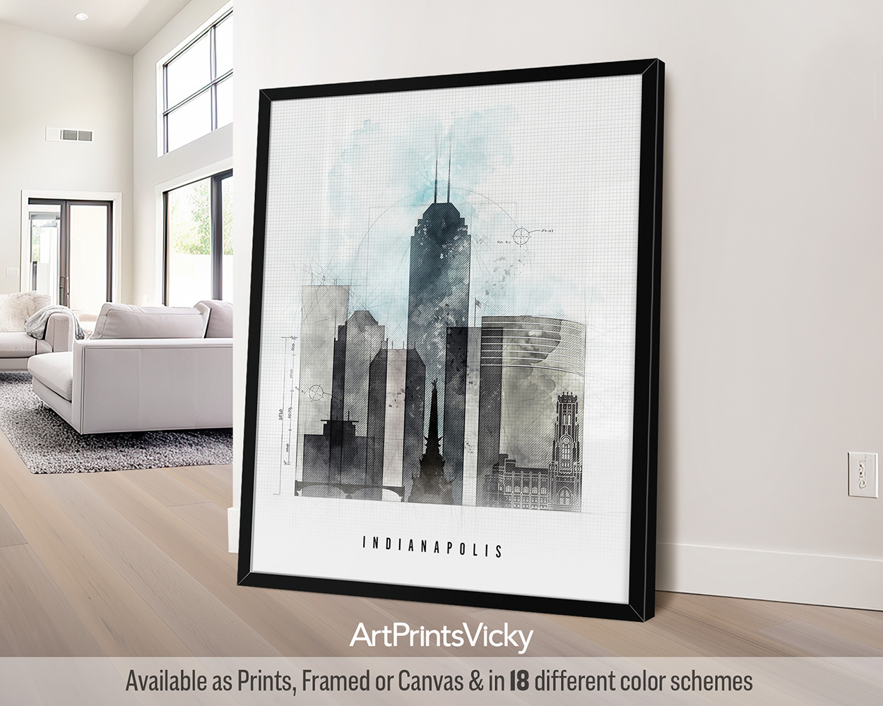 Indianapolis skyline featuring iconic landmarks in a minimalist Urban 1 style with bold lines, by ArtPrintsVicky.