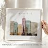 Art print of Indianapolis cityscape featuring notable buildings and monuments in a framed display.