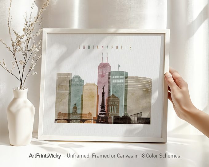 Art print of Indianapolis cityscape featuring notable buildings and monuments in a framed display.