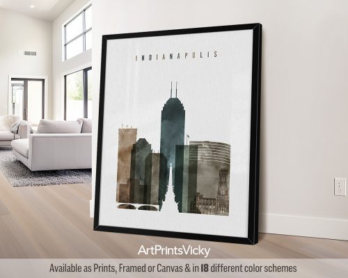 Indianapolis skyline featuring Soldiers' and Sailors' Monument, iconic landmarks, and the vibrant cityscape in a warm and textured Earthy Watercolor 2 style, by ArtPrintsVicky.