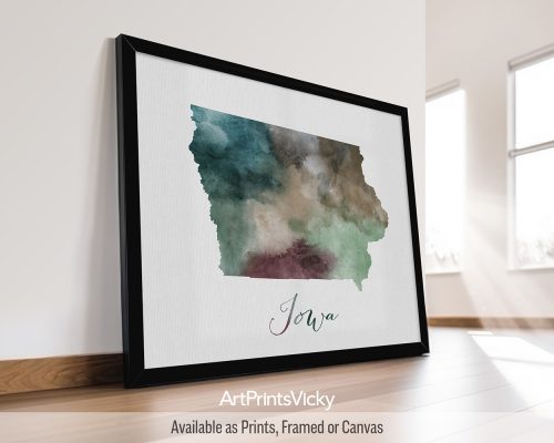 Earthy watercolor print of the Iowa state map, with "Iowa" written below in handwritten script, on a textured background. Perfect for lovers of the Hawkeye State and American heartland landscapes by ArtPrintsVicky.
