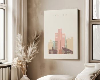 Illustration of Iowa City featuring buildings in a minimalist style with pastel colors.