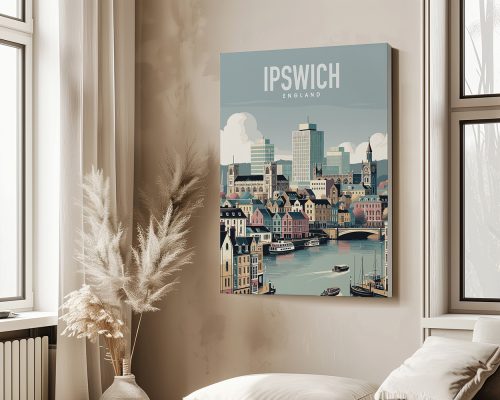 Illustration of Ipswich, England featuring buildings, a river, and boats.